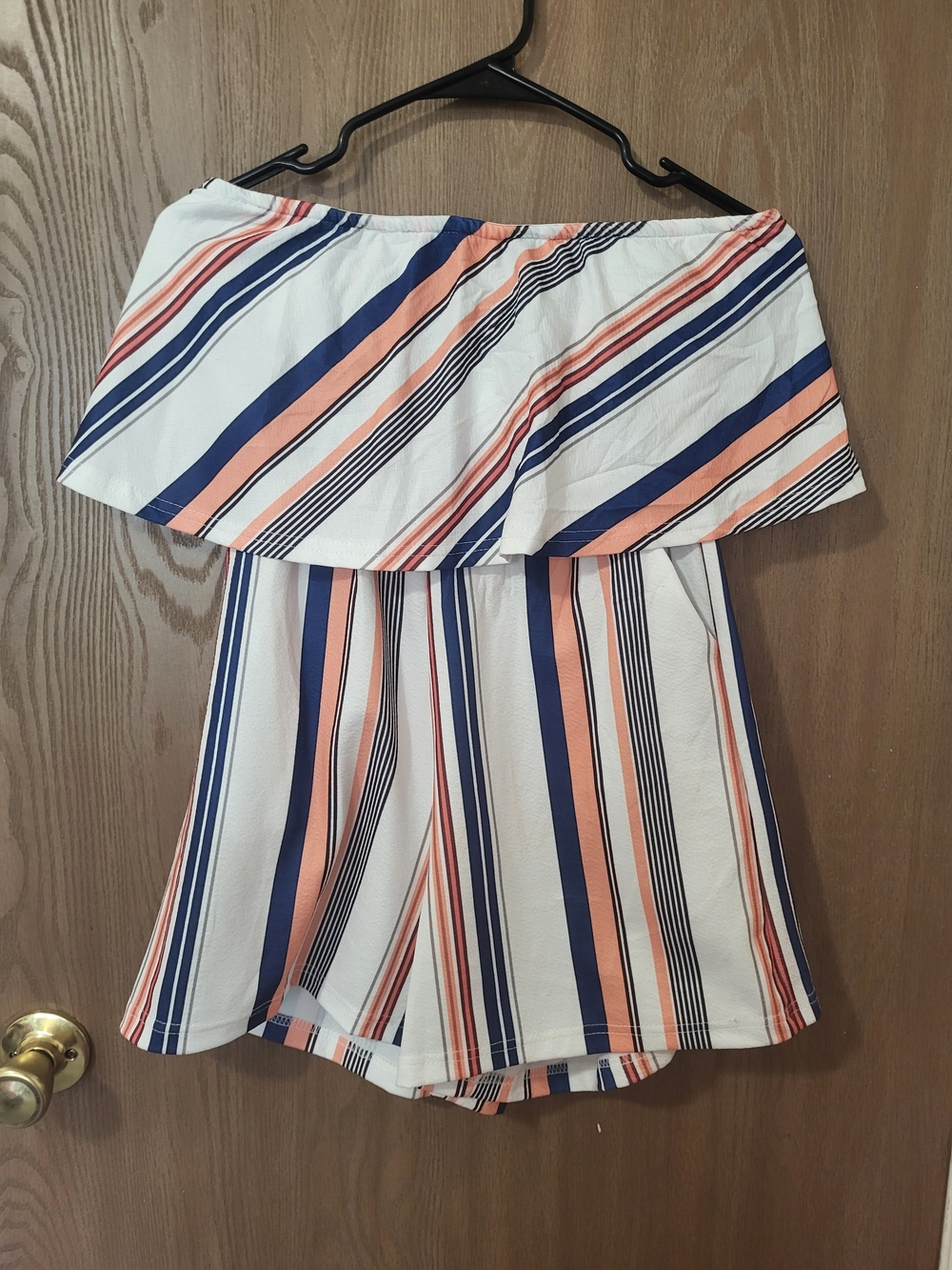 Off-Shoulder Striped Romper in White, Navy & Peach